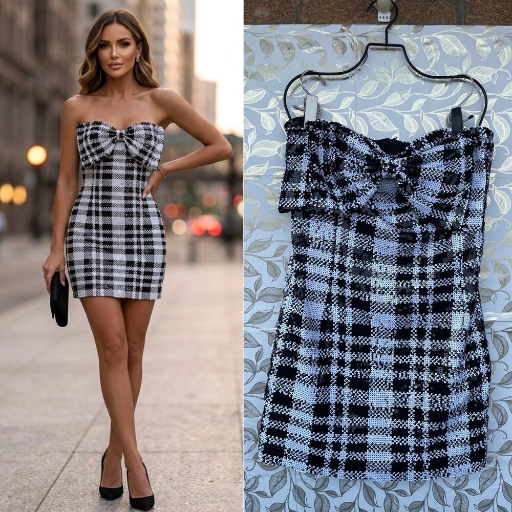 ⁠Eva Franco Sequin Plaid Strapless Dress 6 Dark Academia Preppy Party